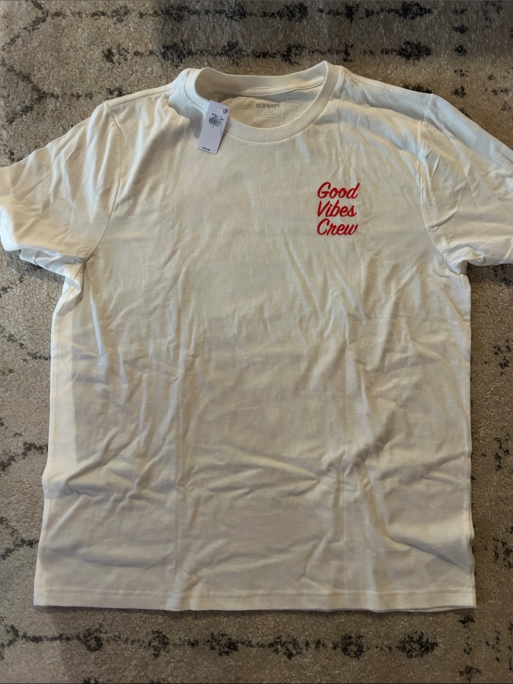 Old Navy White Short-Sleeve Tee with Red "Good Vibes Crew" Chest Graphic